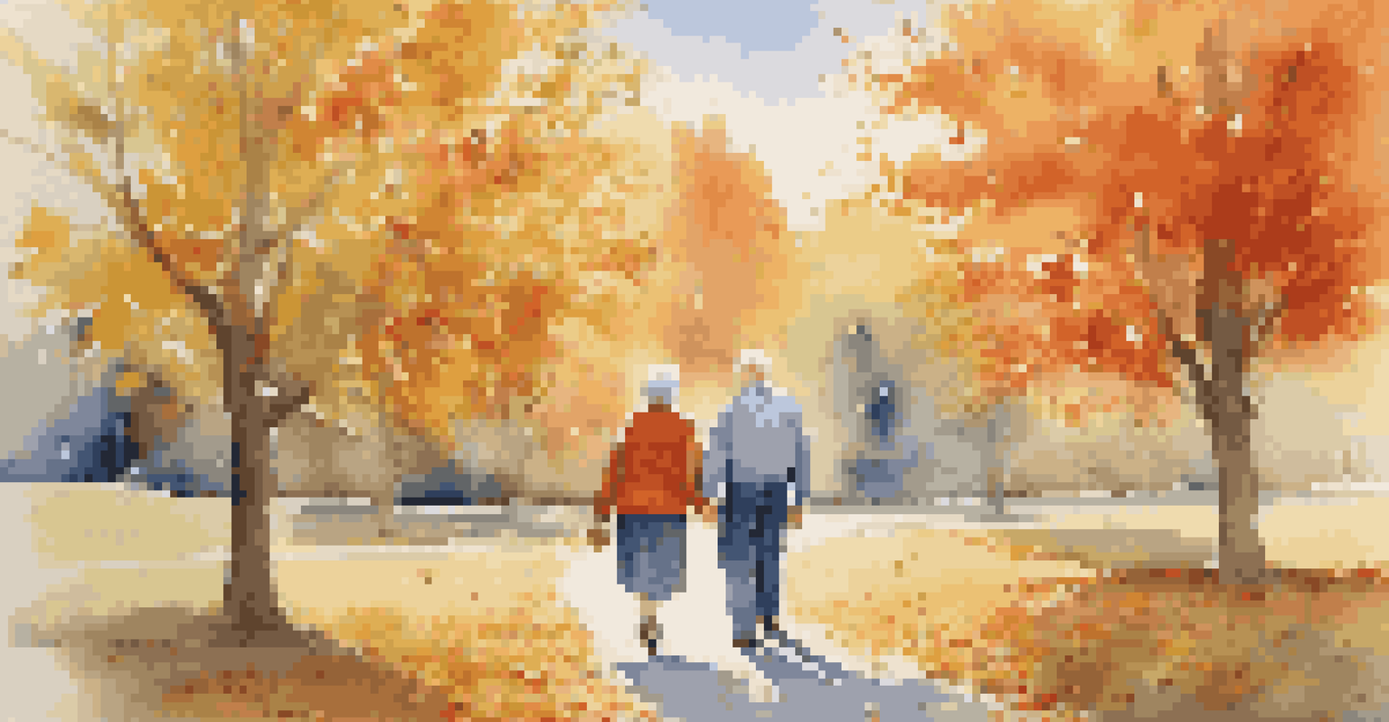 An elderly couple walking hand in hand in a park filled with autumn leaves, sharing a joyful gaze under a bright blue sky.