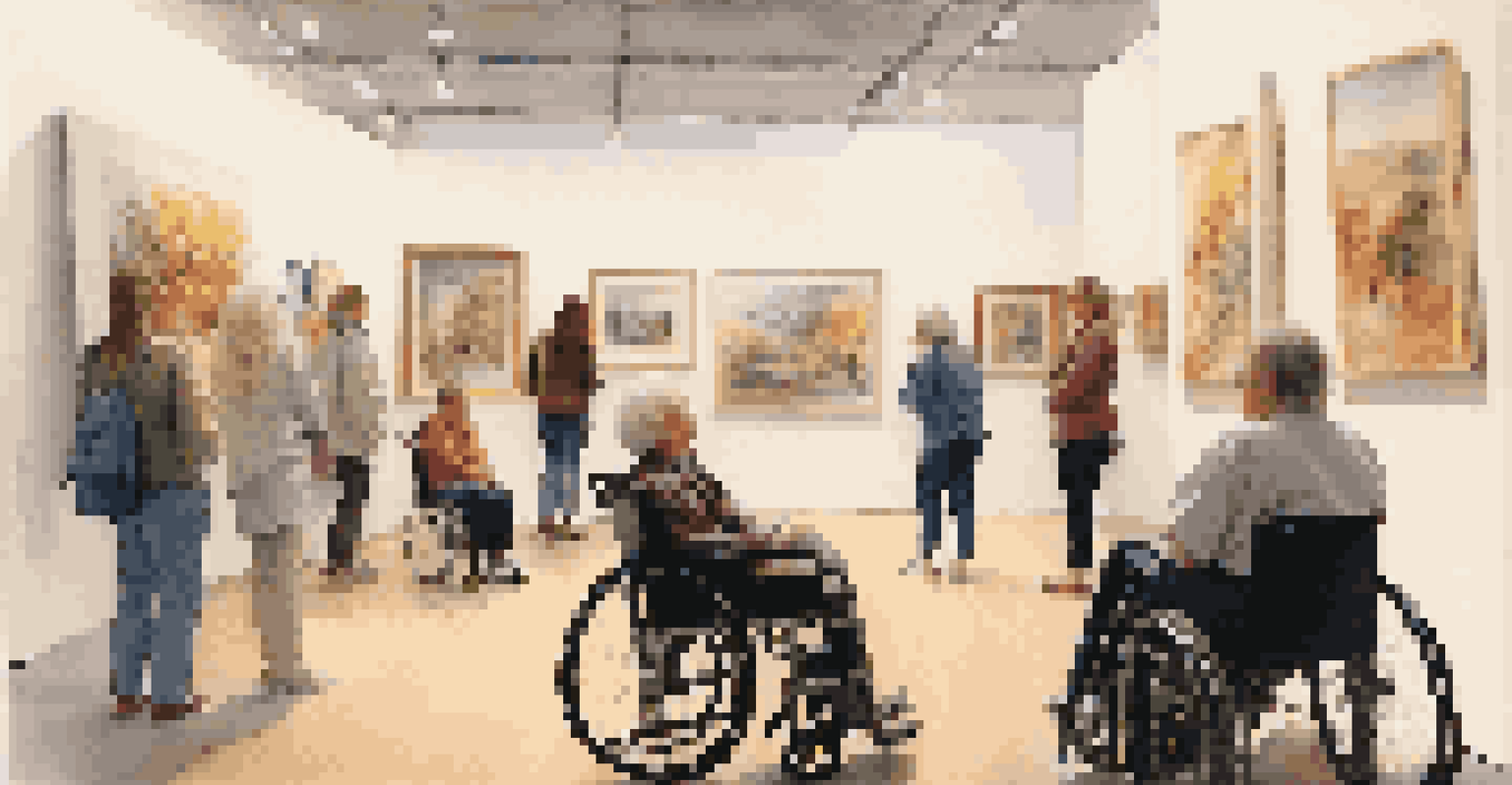A disabled artist discussing their artwork in a gallery setting, surrounded by an engaged audience and soft lighting.