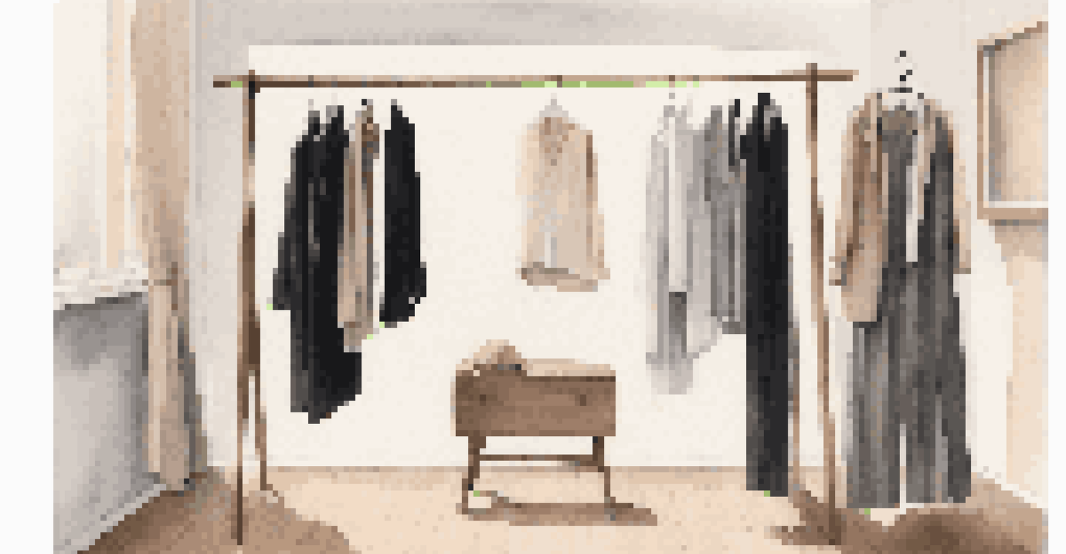 A minimalist fashion display featuring a capsule wardrobe with neutral-toned garments on a wooden rack, illuminated by natural light.