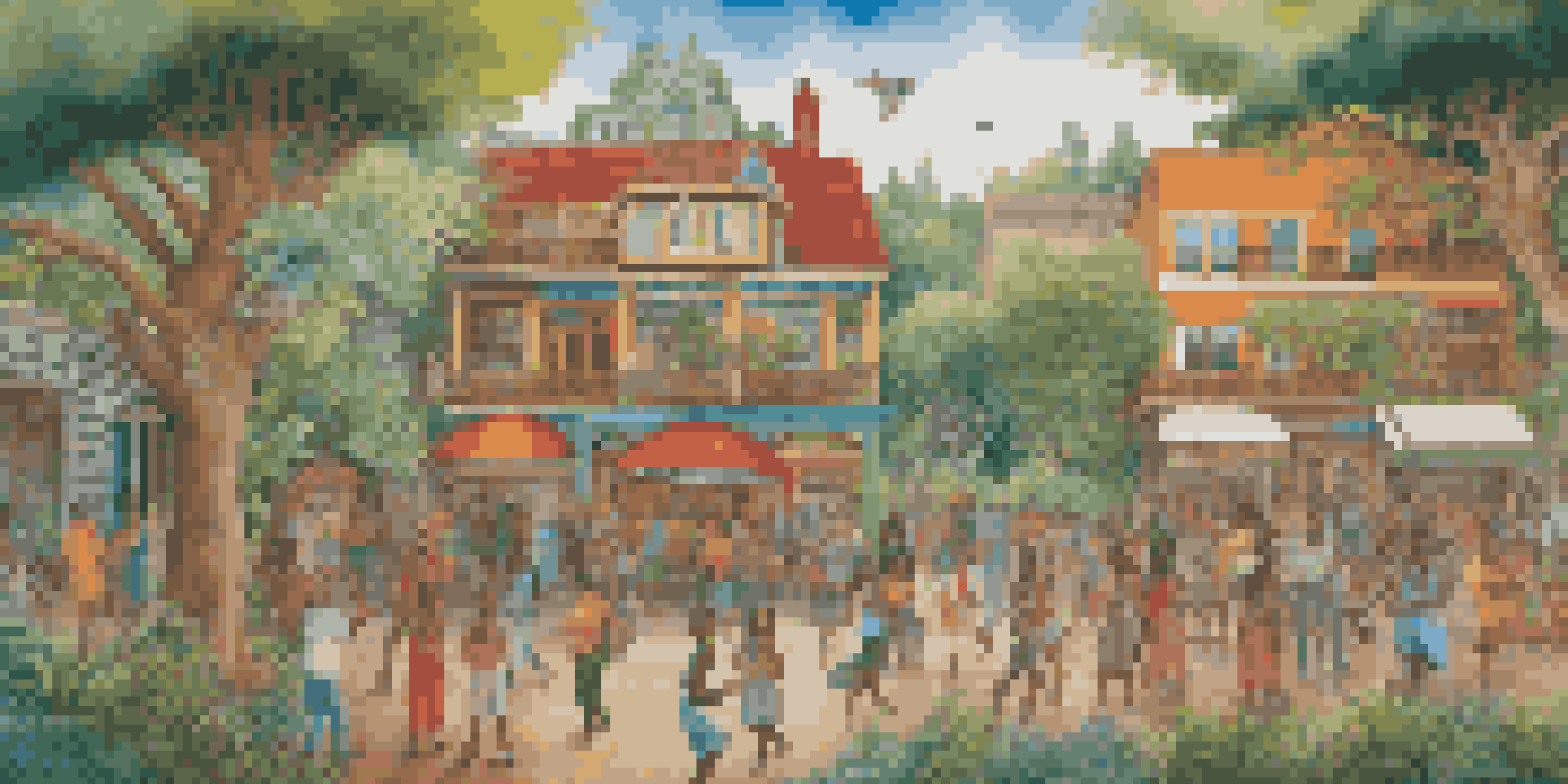 A colorful mural showcasing the history and culture of a community, surrounded by greenery and lit by sunlight.
