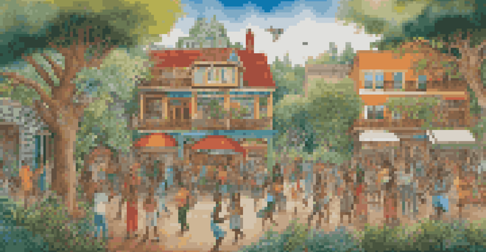 A colorful mural showcasing the history and culture of a community, surrounded by greenery and lit by sunlight.