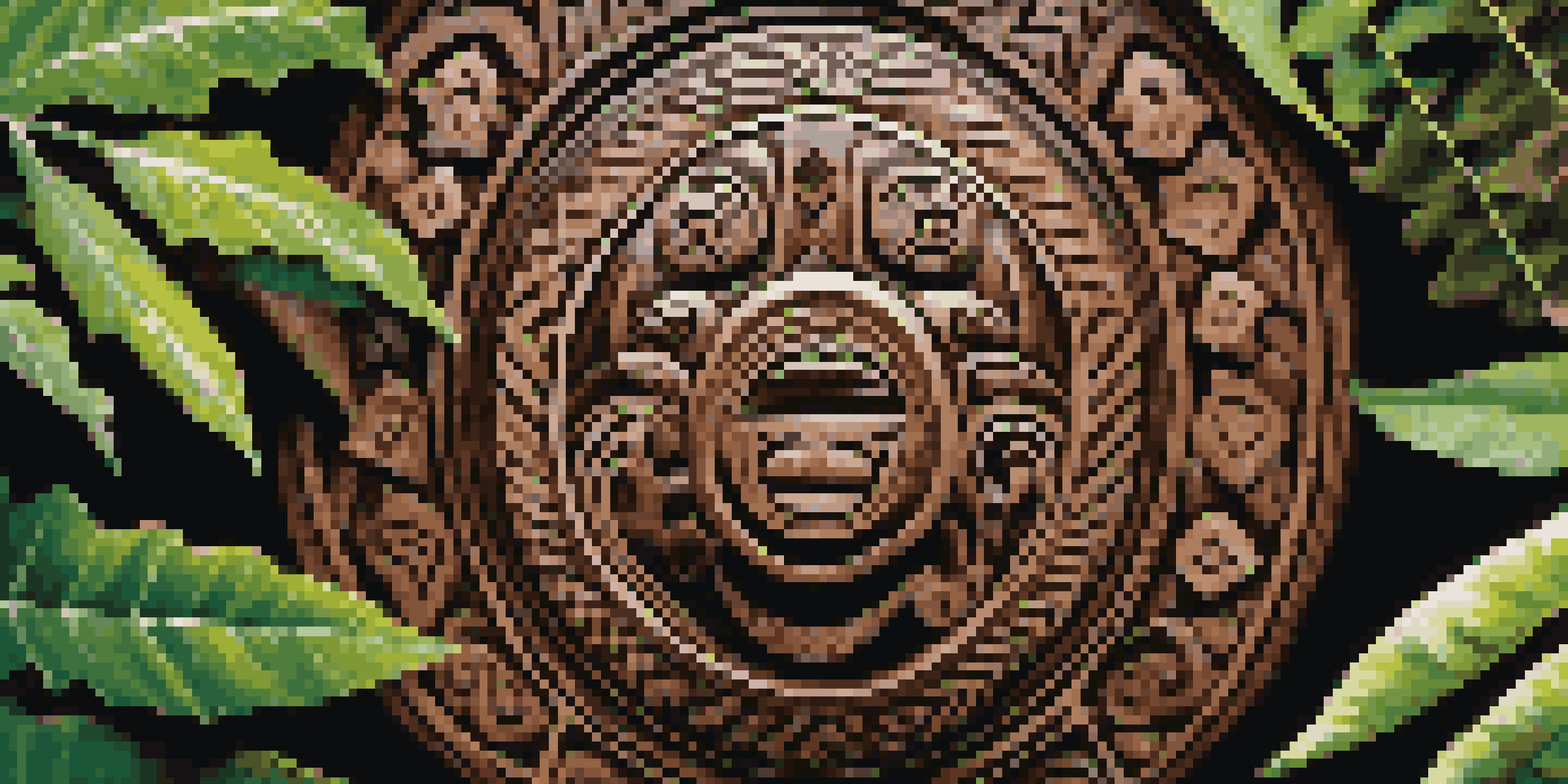 A detailed view of a Maori carving featuring intricate wood patterns, surrounded by green foliage, with soft sunlight enhancing the carving's features.