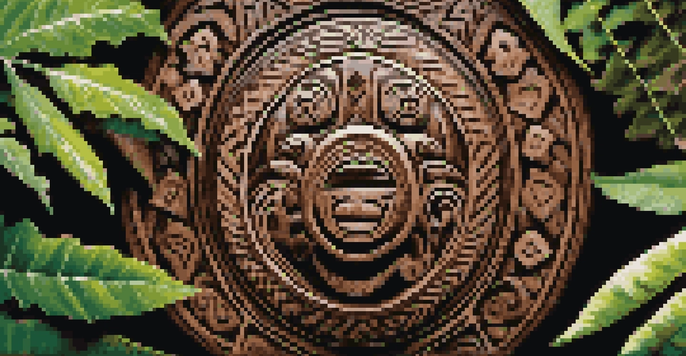 A detailed view of a Maori carving featuring intricate wood patterns, surrounded by green foliage, with soft sunlight enhancing the carving's features.