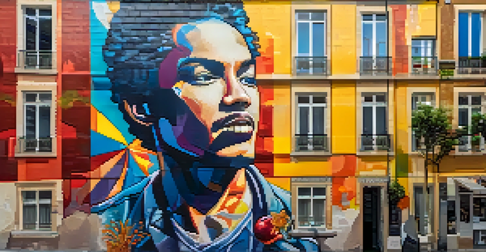 A colorful mural of a local hero on a brick wall in Lisbon, surrounded by cobblestone streets and cafes in warm light.