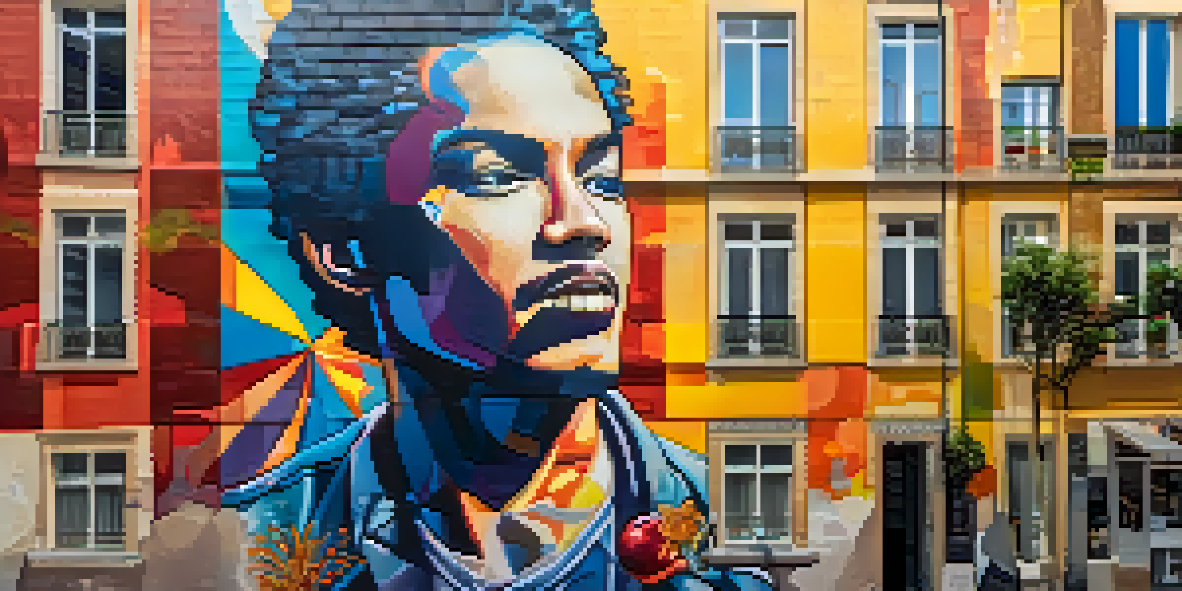 A colorful mural of a local hero on a brick wall in Lisbon, surrounded by cobblestone streets and cafes in warm light.
