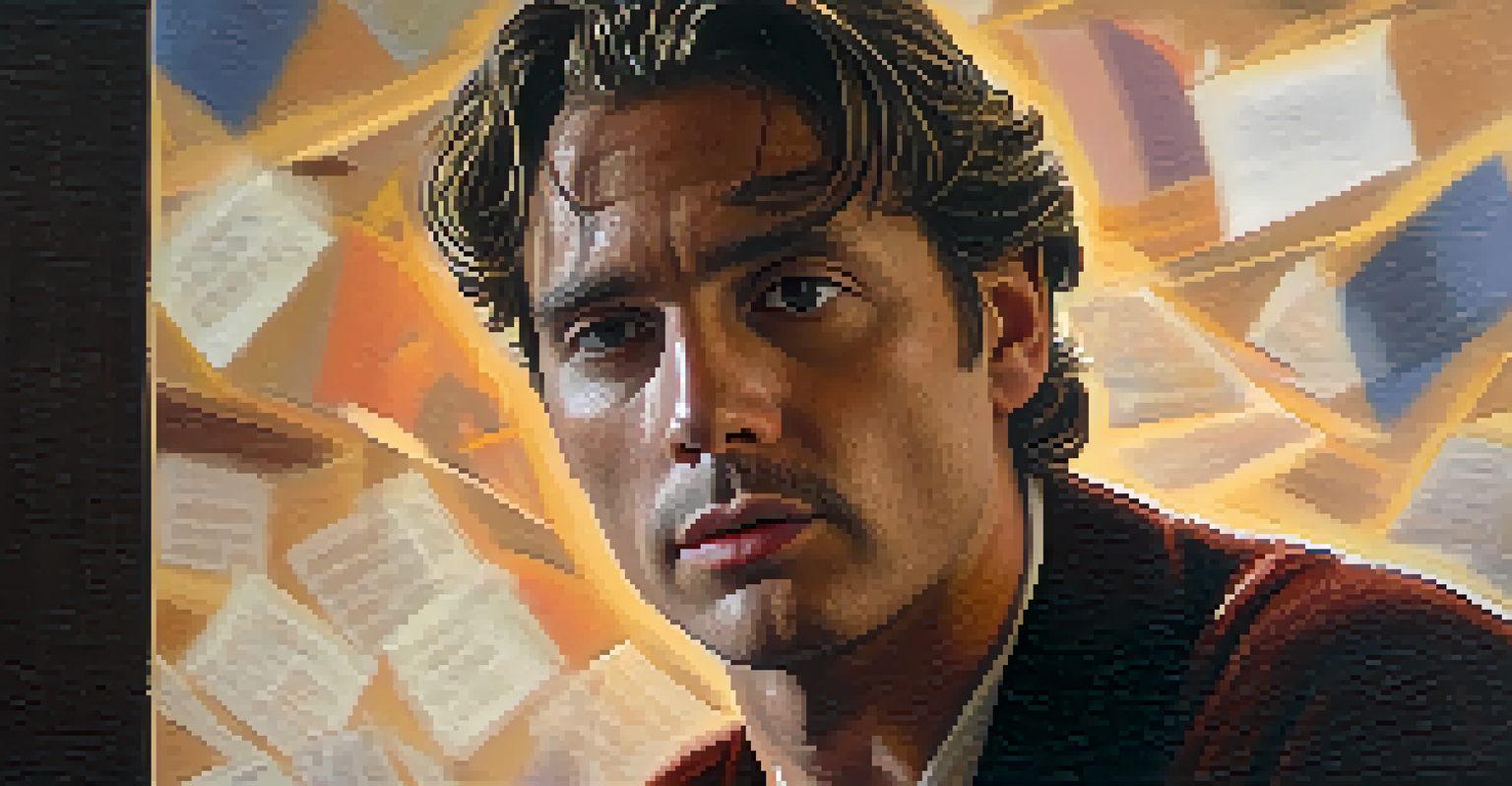 An actor rehearsing lines with an expressive face, surrounded by scattered papers and warm stage lights.