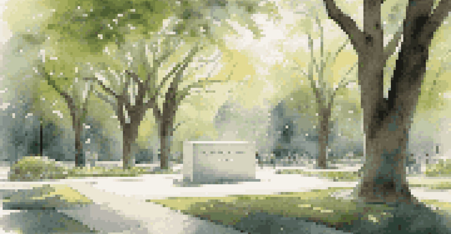 A minimalist memorial sculpture in a park, surrounded by greenery and gentle sunlight.