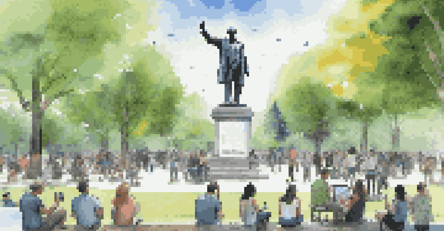 An interactive AR art installation in a park featuring a statue with digital graphics on climate change statistics, with people using smartphones.