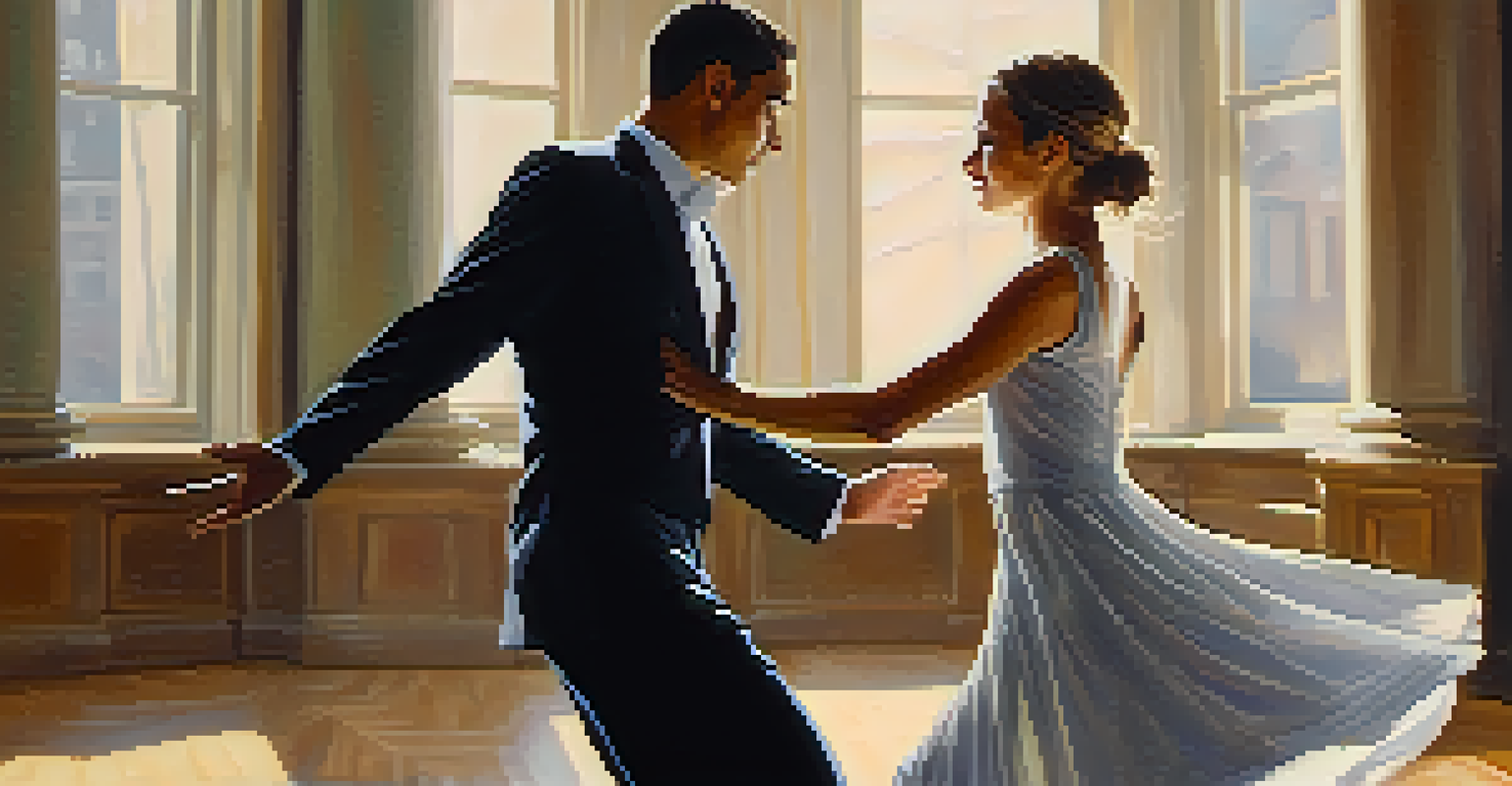 Two dancers in an intimate partner dance, displaying strong emotions and connection, with a softly lit background.