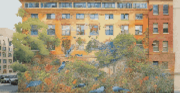 A vibrant mural illustrating a diverse ecosystem with various animals and plants, set against an urban backdrop, glowing in the afternoon sun.