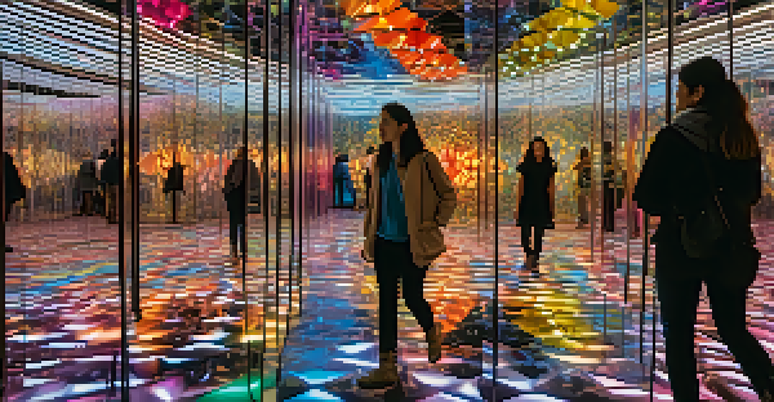 A colorful mirror installation with people walking through, reflecting vibrant lights.