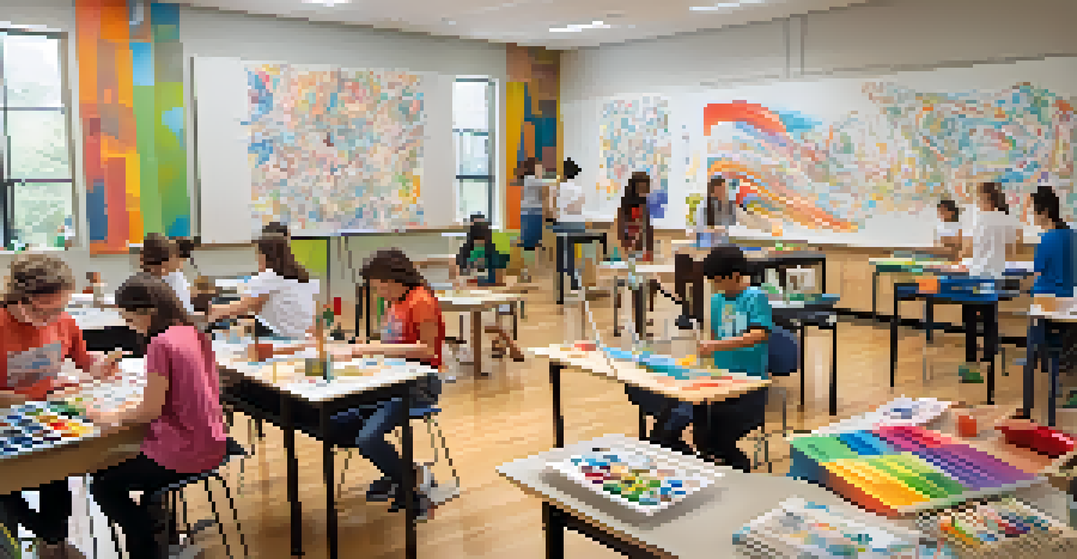 An art classroom where students are actively creating with clay and painting, showcasing a vibrant and energetic environment focused on kinesthetic learning.