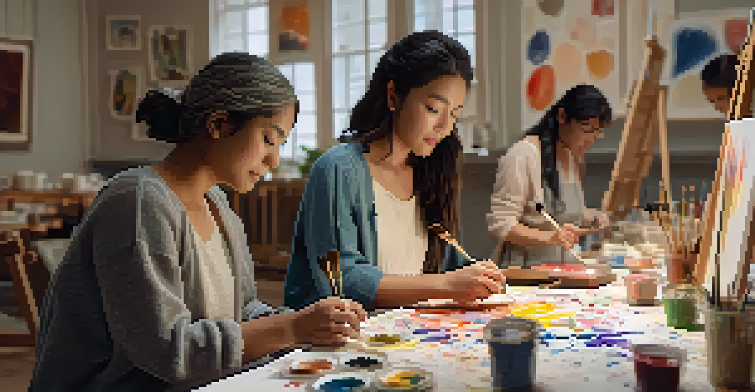 A cozy art therapy session with individuals creating art in a warm, softly lit room filled with calming artwork.