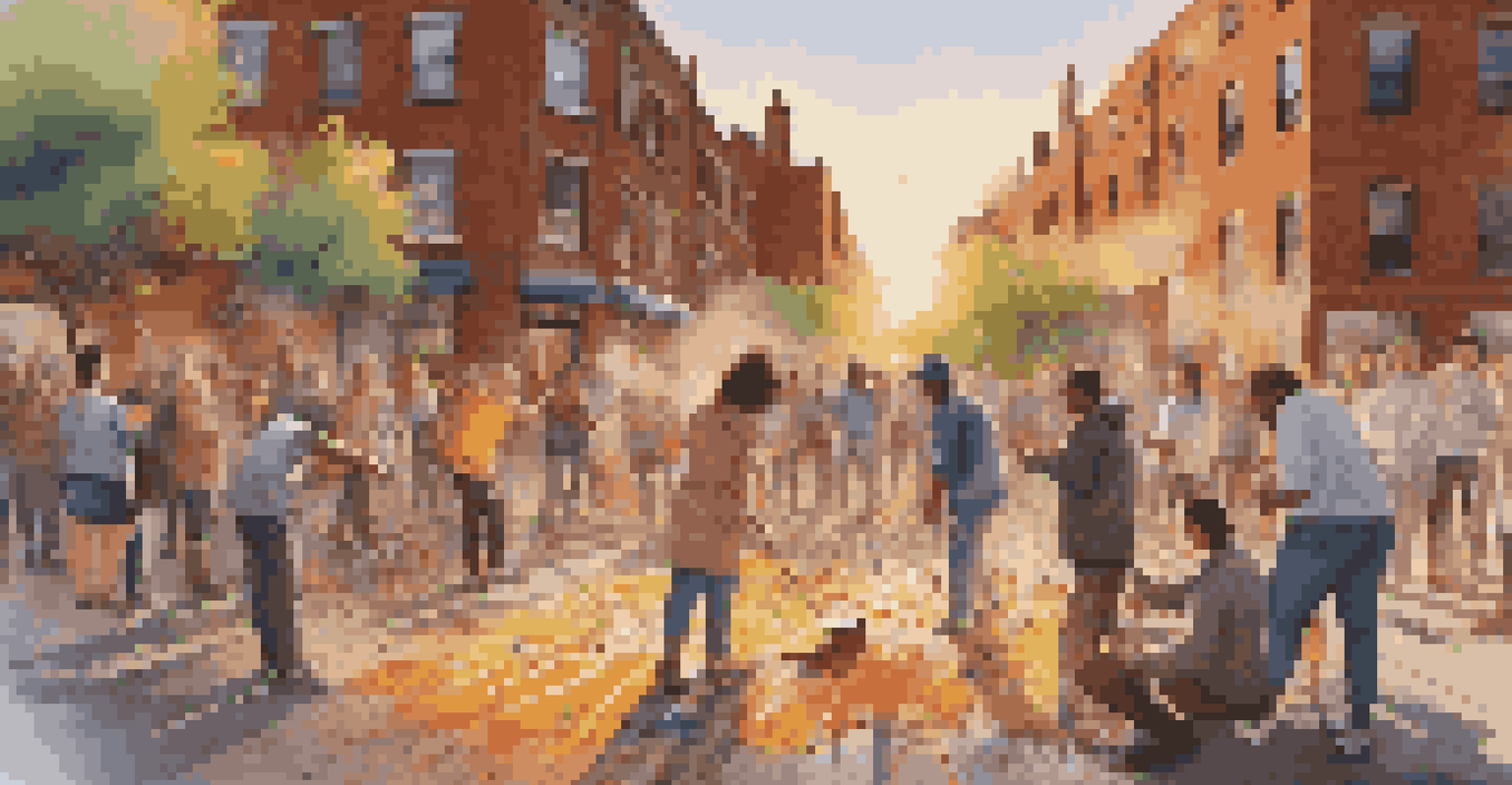 Artists from different backgrounds collaboratively painting a large canvas outdoors, with vibrant street art in the background at sunset.