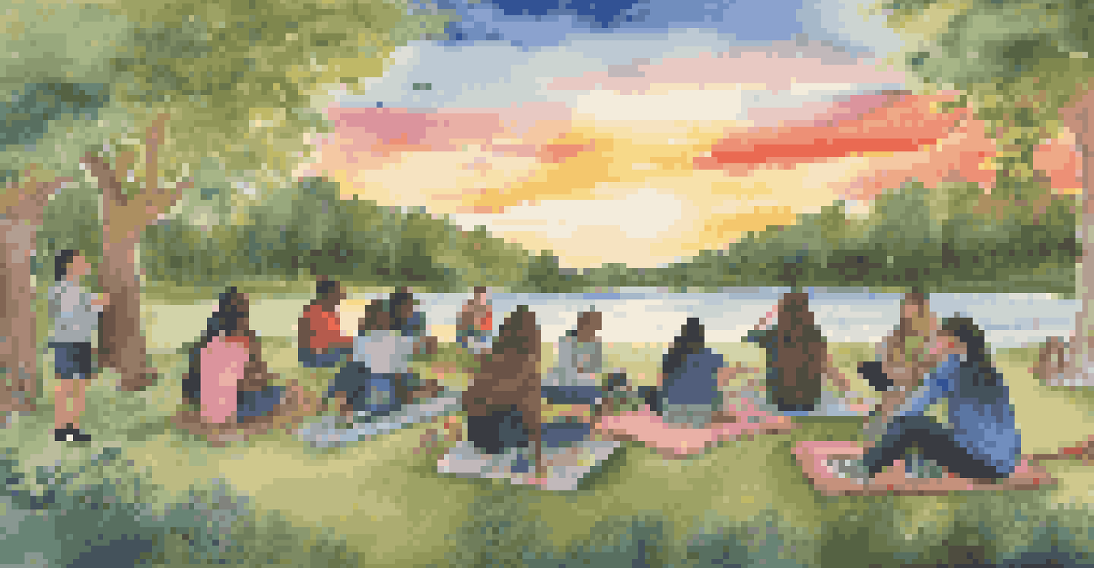 Students working together on a large mural about social issues, set in a natural outdoor environment during sunset.