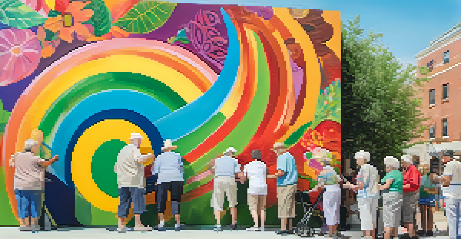 Older adults engage in a community art project, painting a large colorful mural together, with joyful expressions in a sunny outdoor setting.