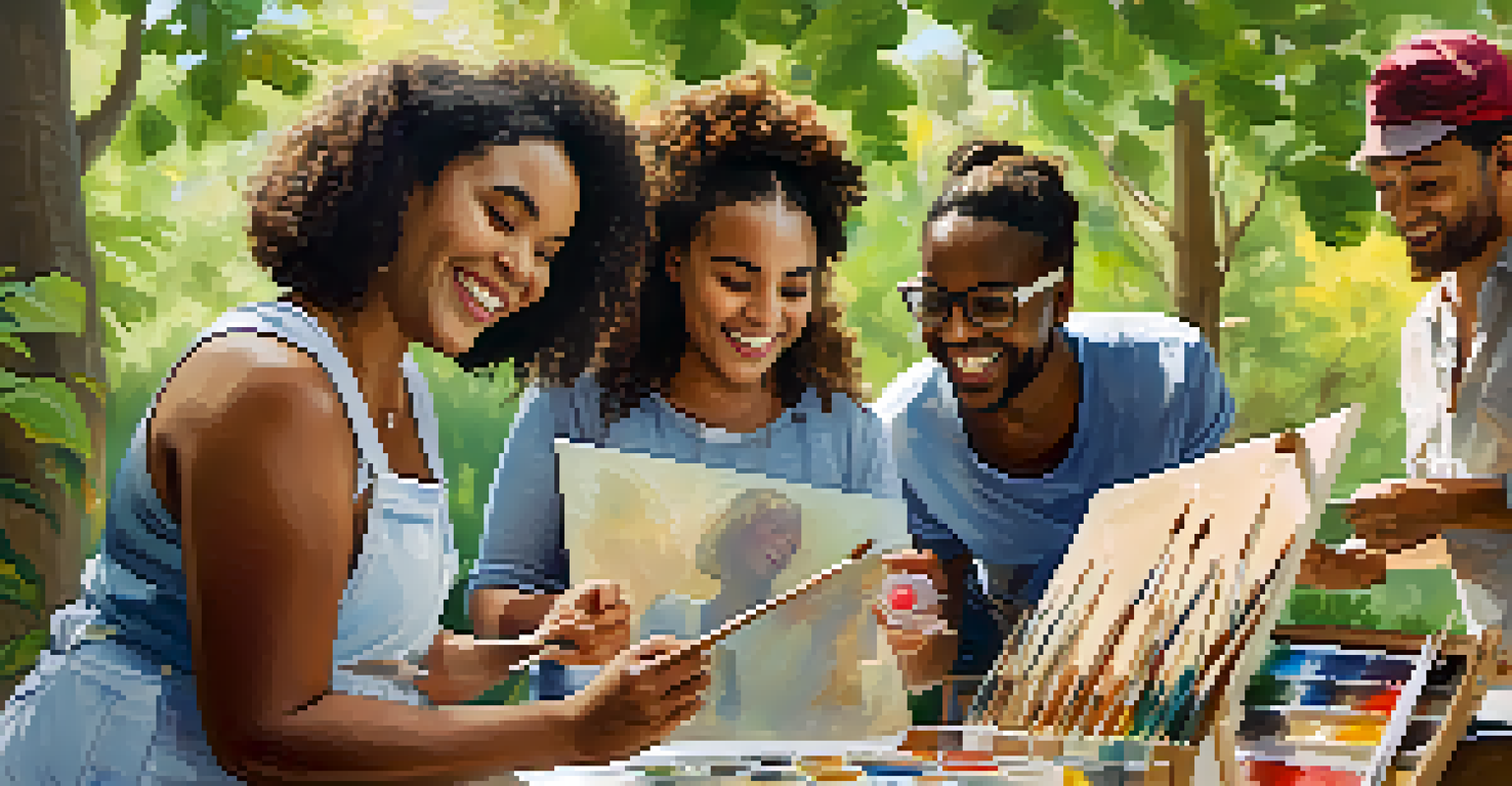 A community art workshop outdoors with diverse individuals engaged in painting and drawing, celebrating creativity and connection.