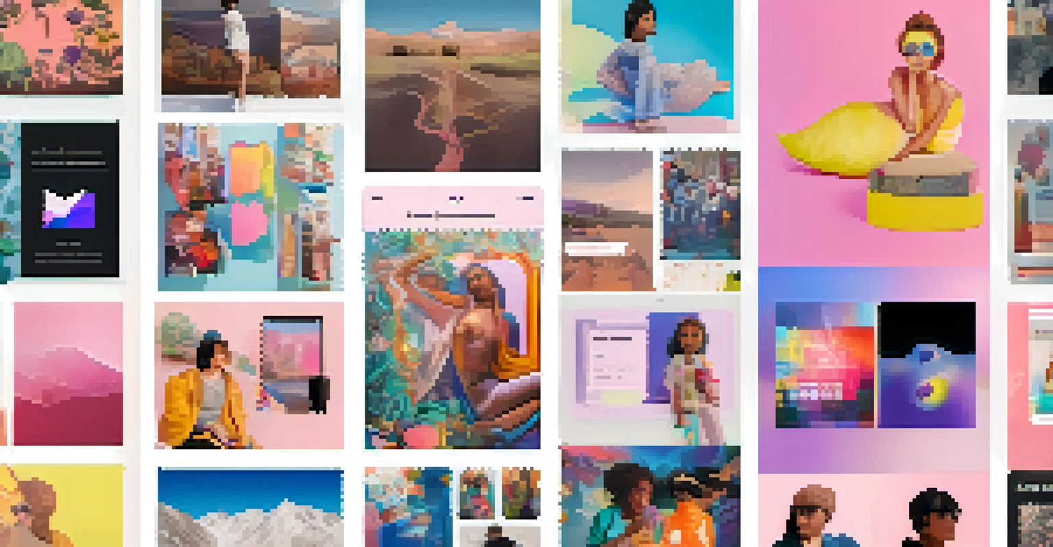 A digital collage of artworks on a social media platform, showcasing vibrant pieces by female and non-binary artists focused on gender identity.