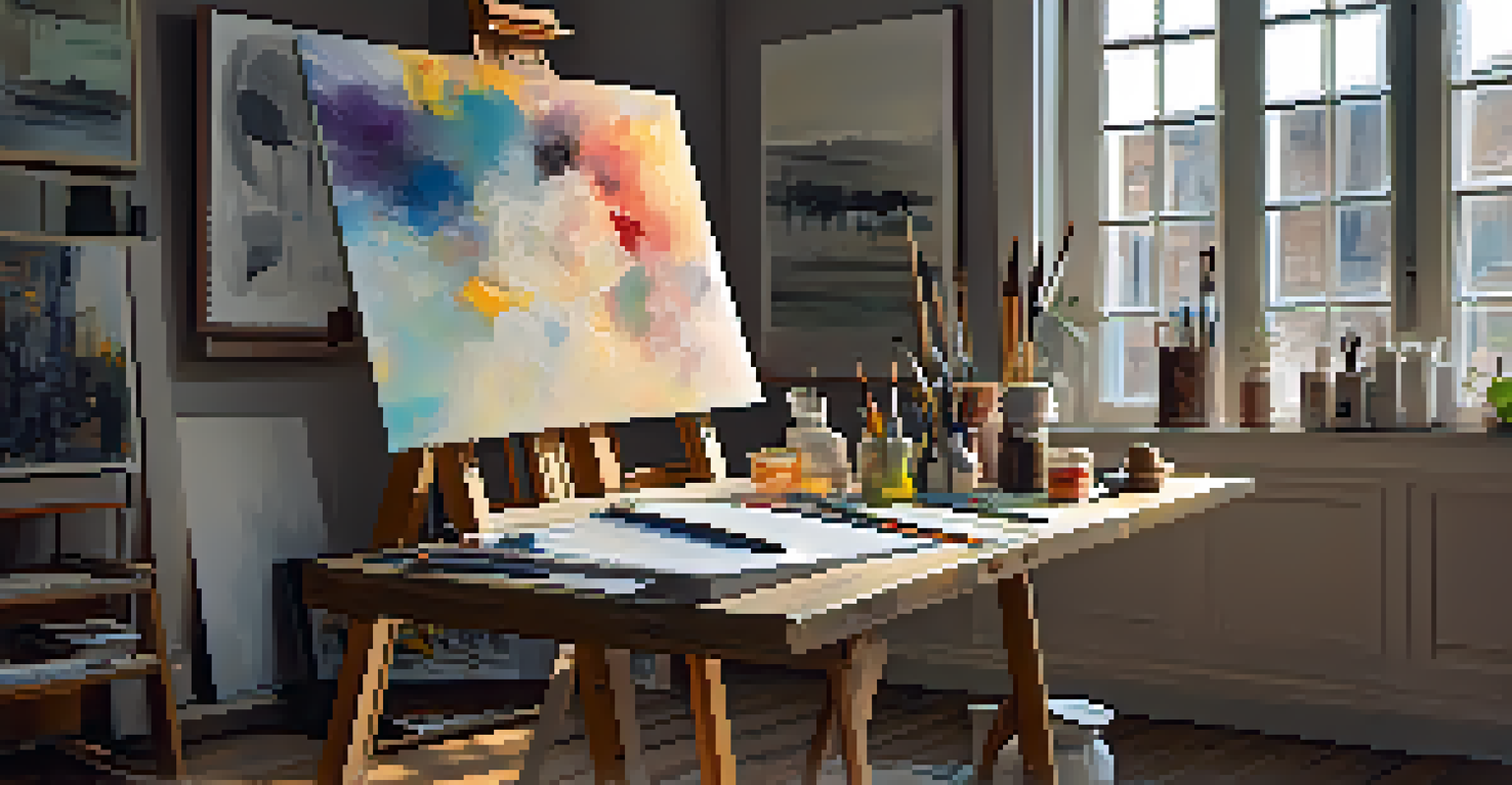 An artist's workspace with a half-finished abstract painting, surrounded by art supplies and warm lighting.