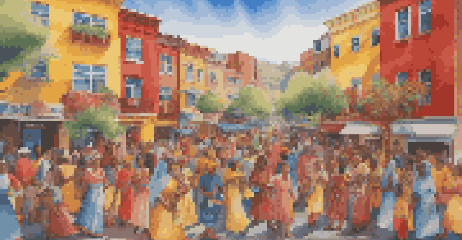 A colorful street mural celebrating community culture, with people interacting in front of it.
