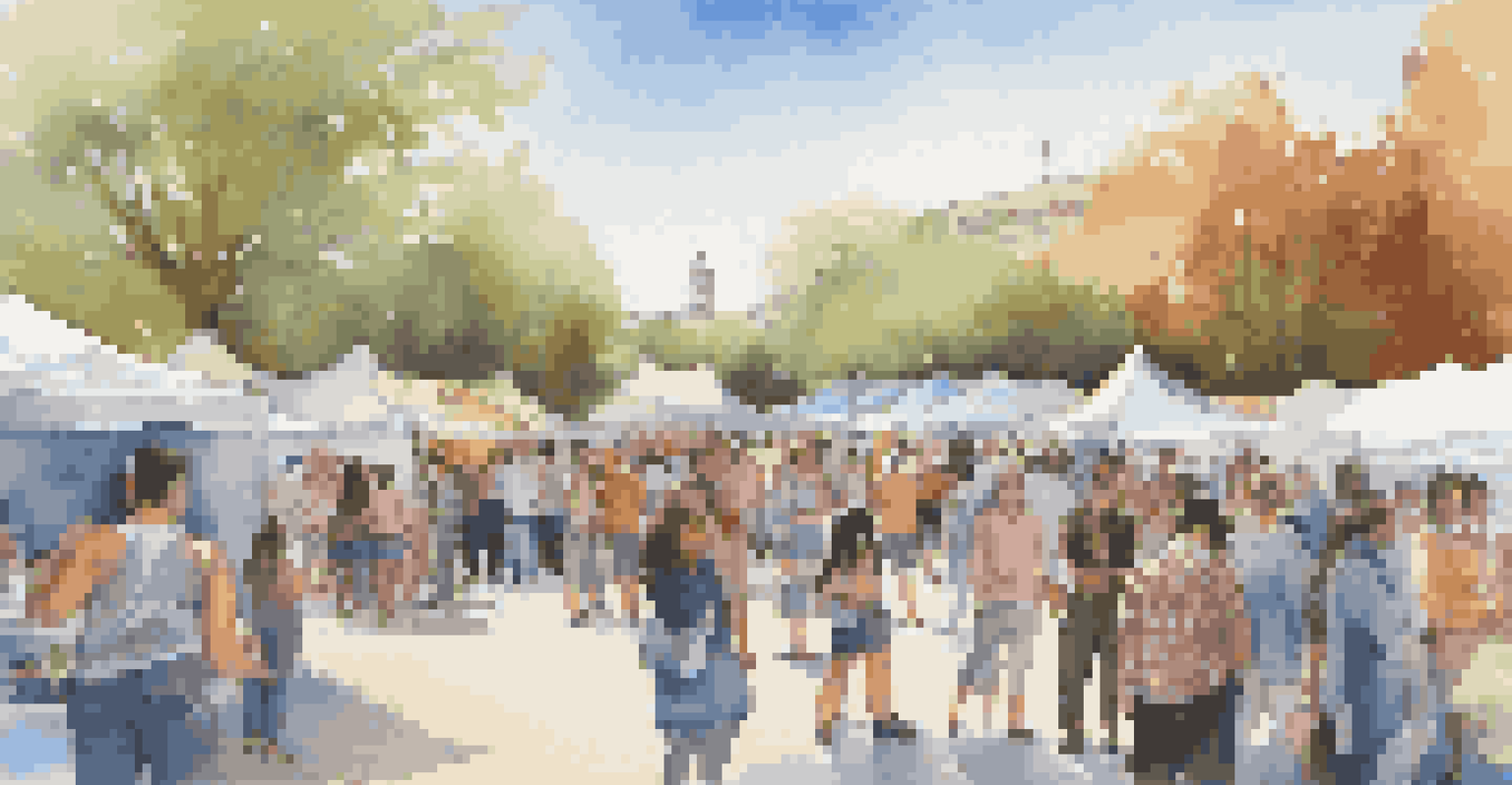 A lively outdoor art festival with people appreciating student artwork, food stalls, and performances, set against a bright blue sky.