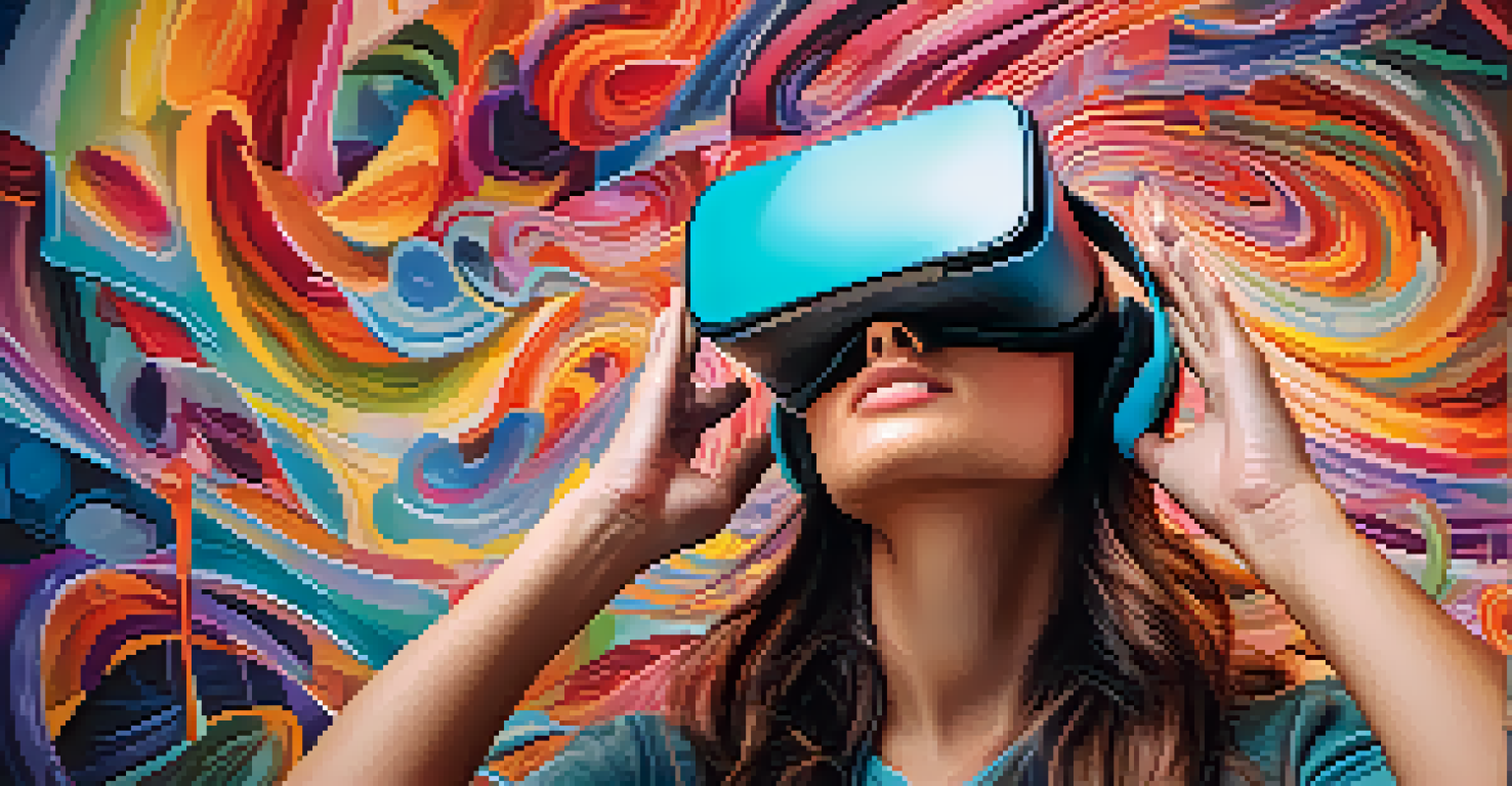 An artist wearing a VR headset creating a colorful 3D mural, surrounded by vibrant shapes and swirling colors.