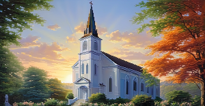 A peaceful church nestled in a green landscape at sunrise, with sunlight shining through the trees and colorful flowers in the foreground.