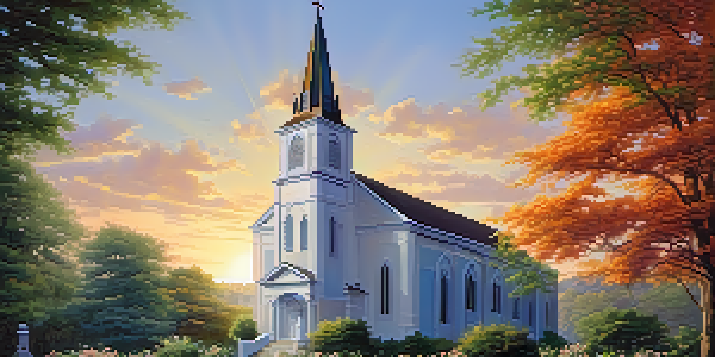 A peaceful church nestled in a green landscape at sunrise, with sunlight shining through the trees and colorful flowers in the foreground.