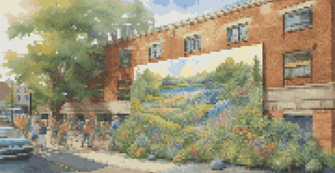 A colorful mural on a brick wall showing various plants and animals, with community members painting together in a sunny environment.