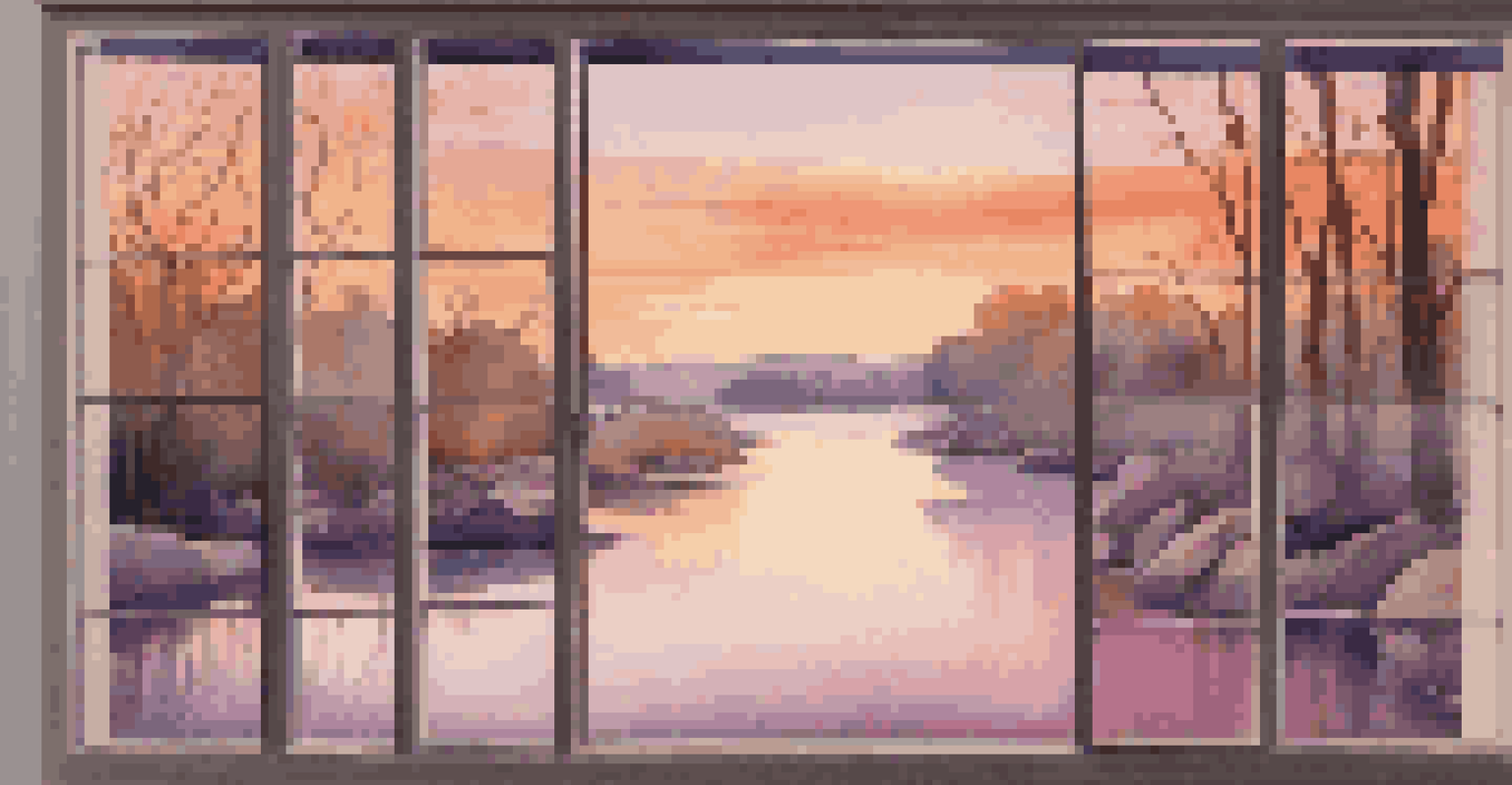 A serene landscape painting with a tranquil river scene and soft background sounds.