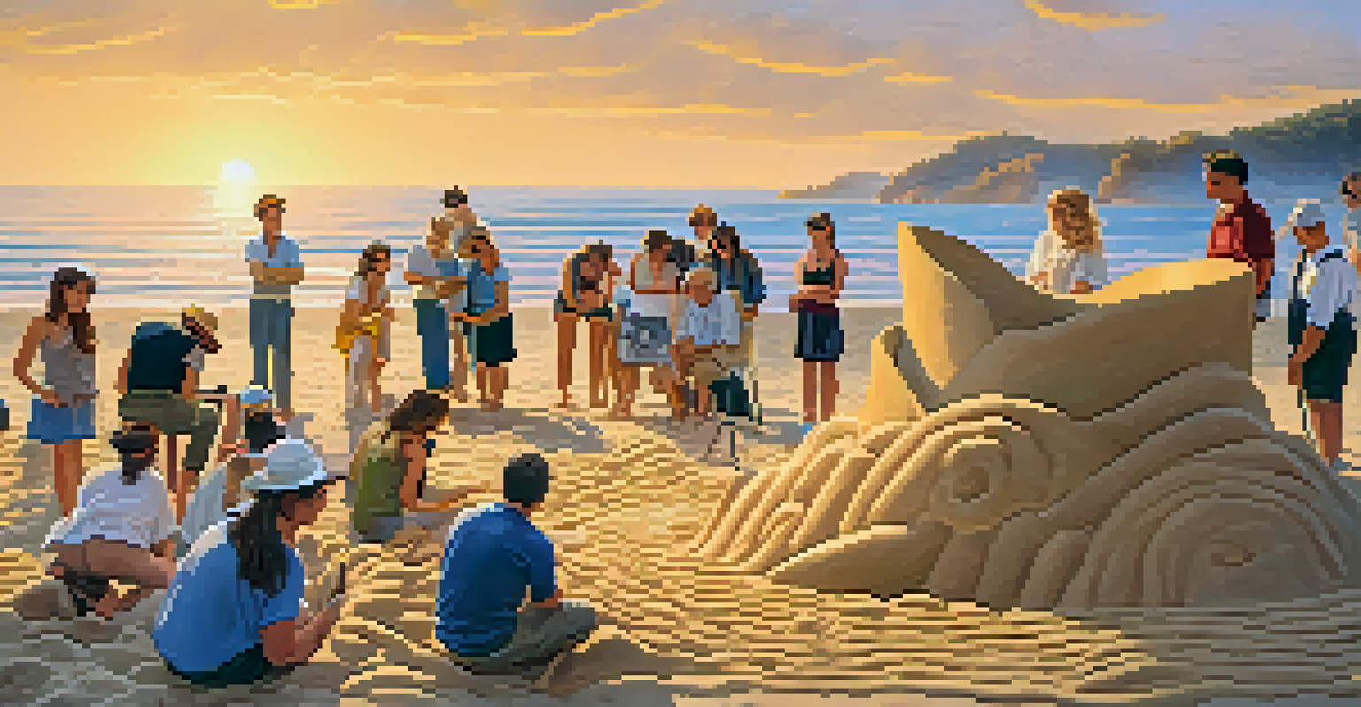 An artist crafting a sand sculpture of marine life on the beach during an eco-art festival, with attendees watching as the sun sets in the background.