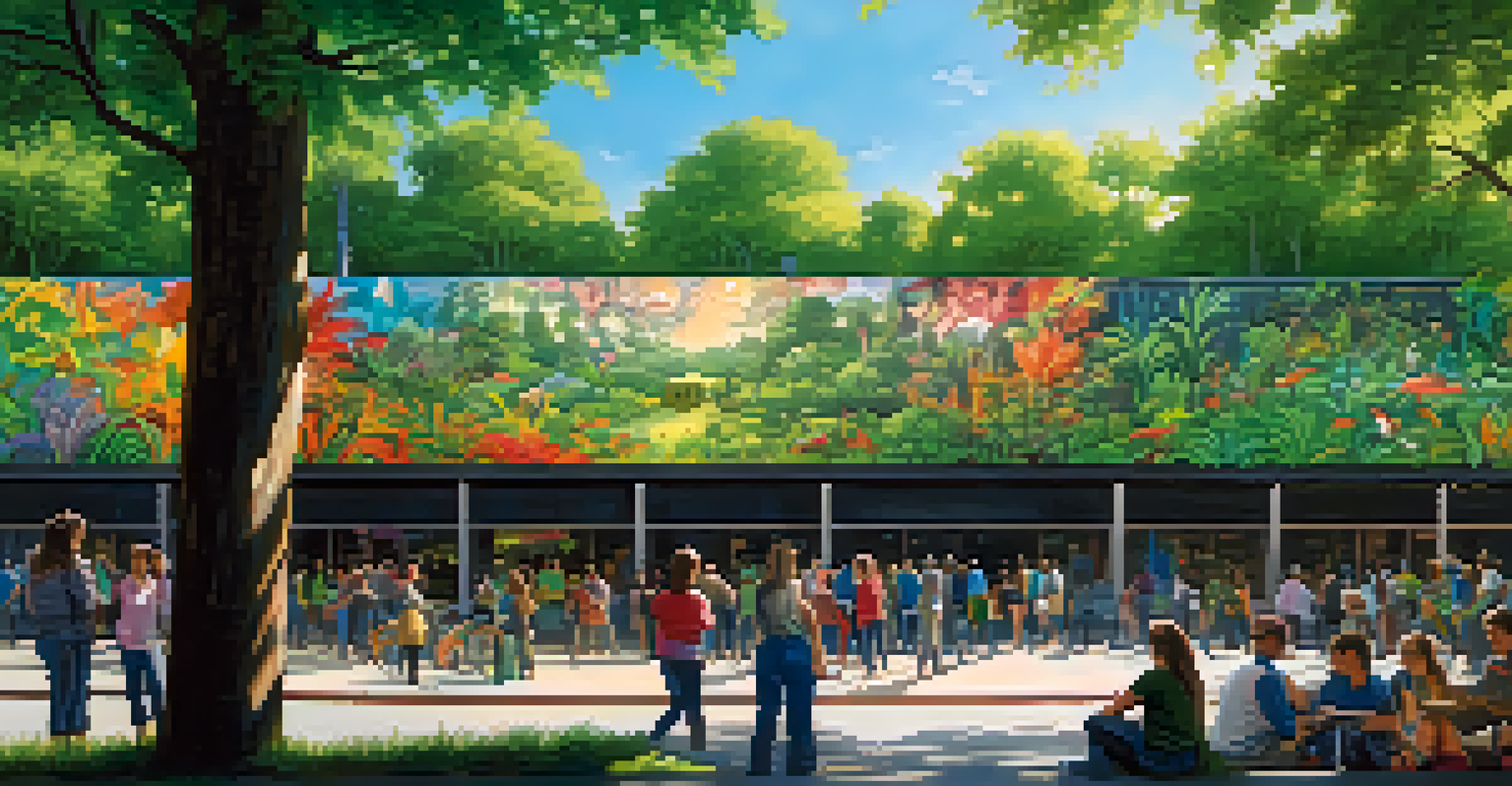 A colorful mural made from upcycled materials, featuring a forest scene, with community members engaging around it in an urban area.