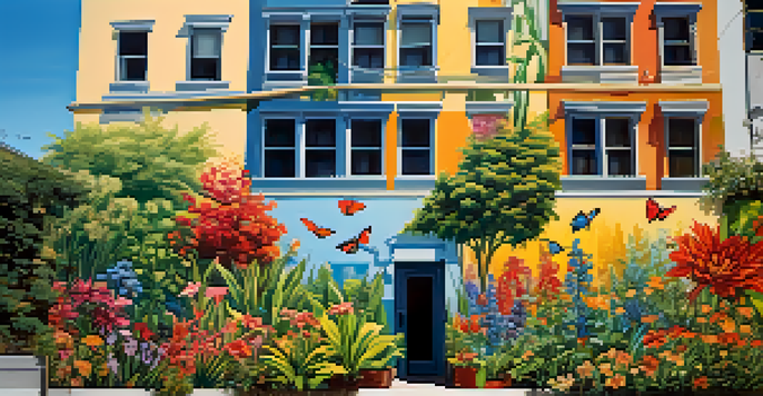 A large mural of a colorful urban garden on a concrete wall, showcasing flowers, butterflies, and birds under a bright blue sky.