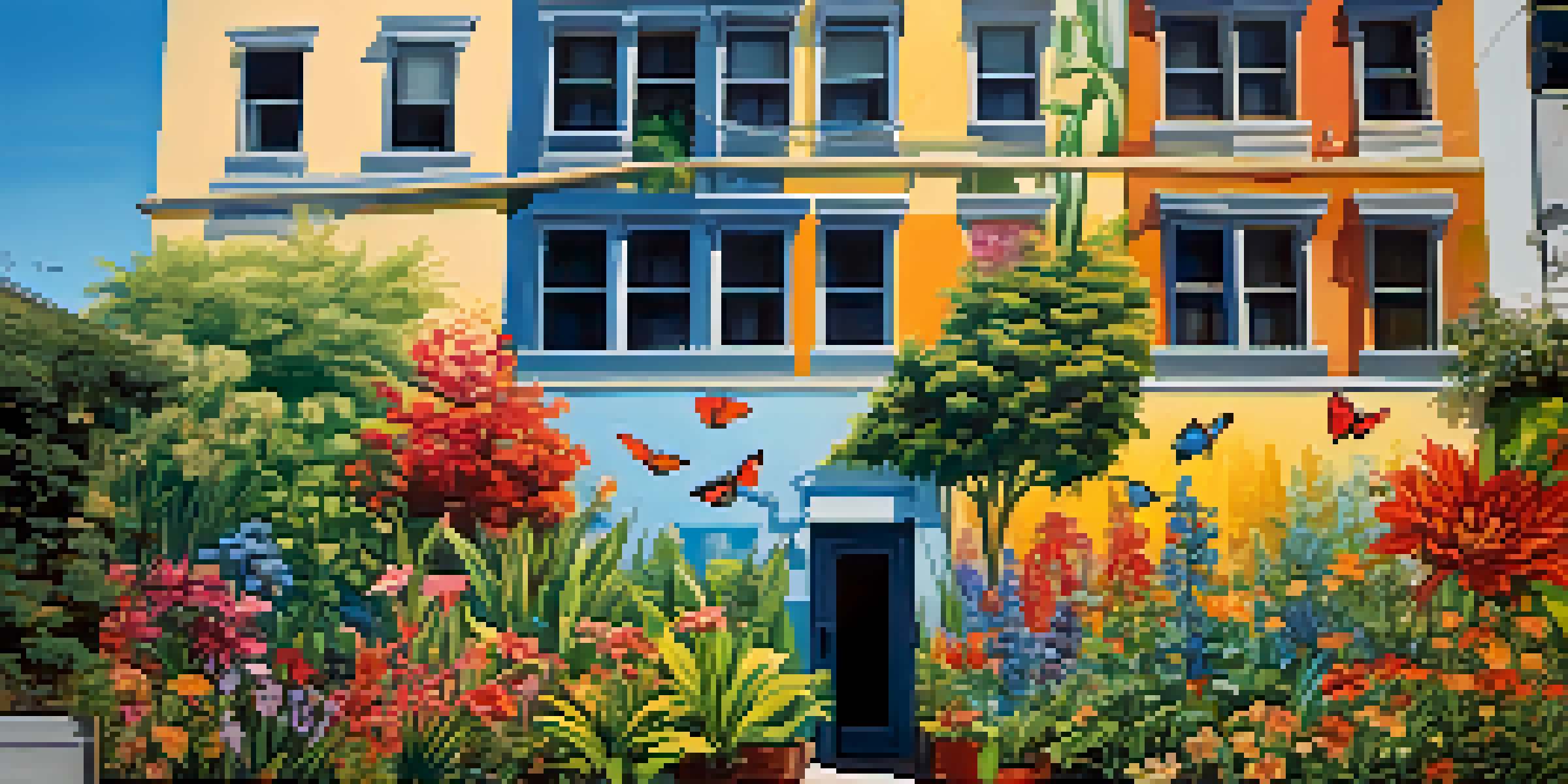A large mural of a colorful urban garden on a concrete wall, showcasing flowers, butterflies, and birds under a bright blue sky.