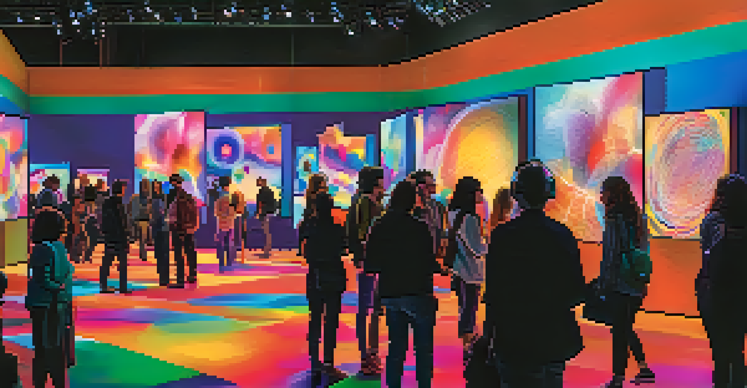 An interactive digital art installation at a bustling art festival, with attendees engaging and vibrant colors on display.