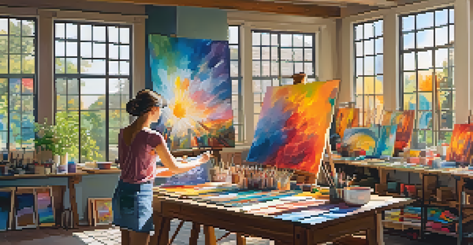 An artist in a bright studio painting an abstract piece, surrounded by colorful artworks and art supplies.