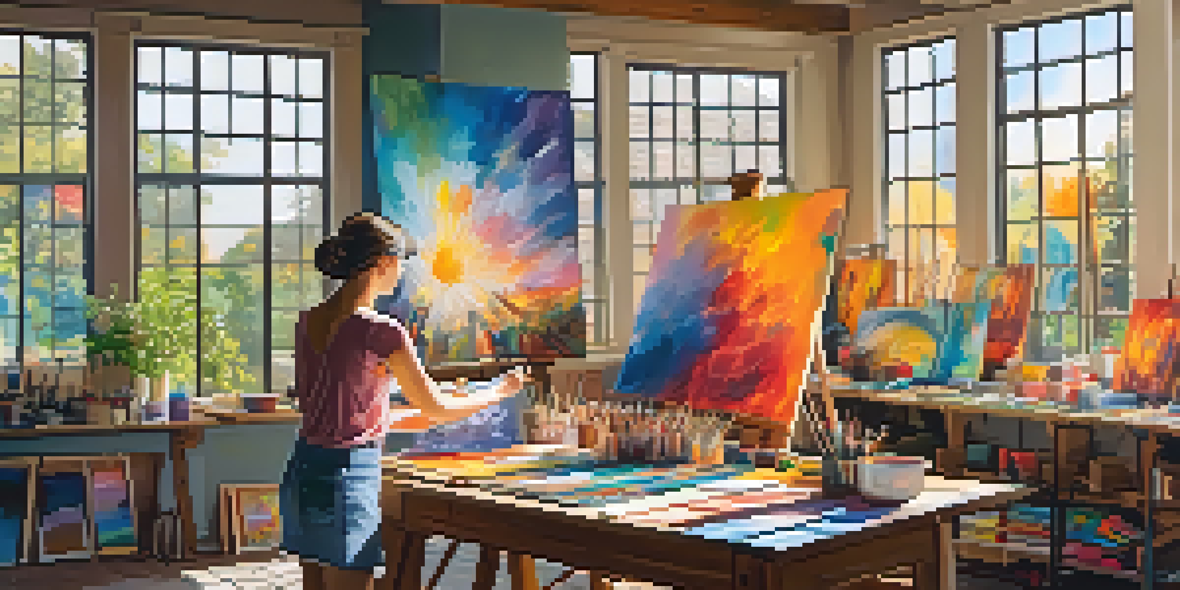 An artist in a bright studio painting an abstract piece, surrounded by colorful artworks and art supplies.
