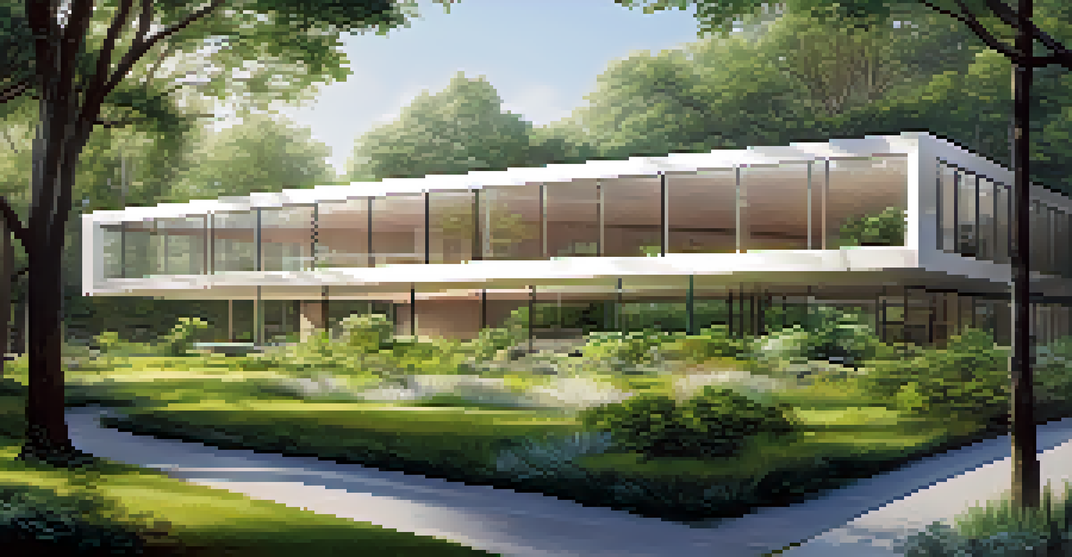 A modern architectural structure surrounded by greenery, with geometric shapes and reflective glass windows. Natural light filters through the trees.