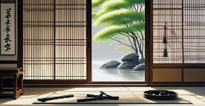 A peaceful Japanese calligraphy studio with a wooden table, calligraphy tools, and natural sunlight filtering through a sliding door.