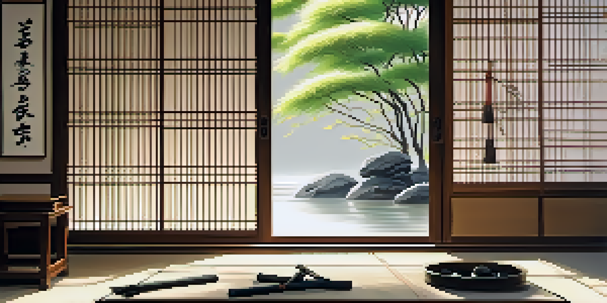 A peaceful Japanese calligraphy studio with a wooden table, calligraphy tools, and natural sunlight filtering through a sliding door.