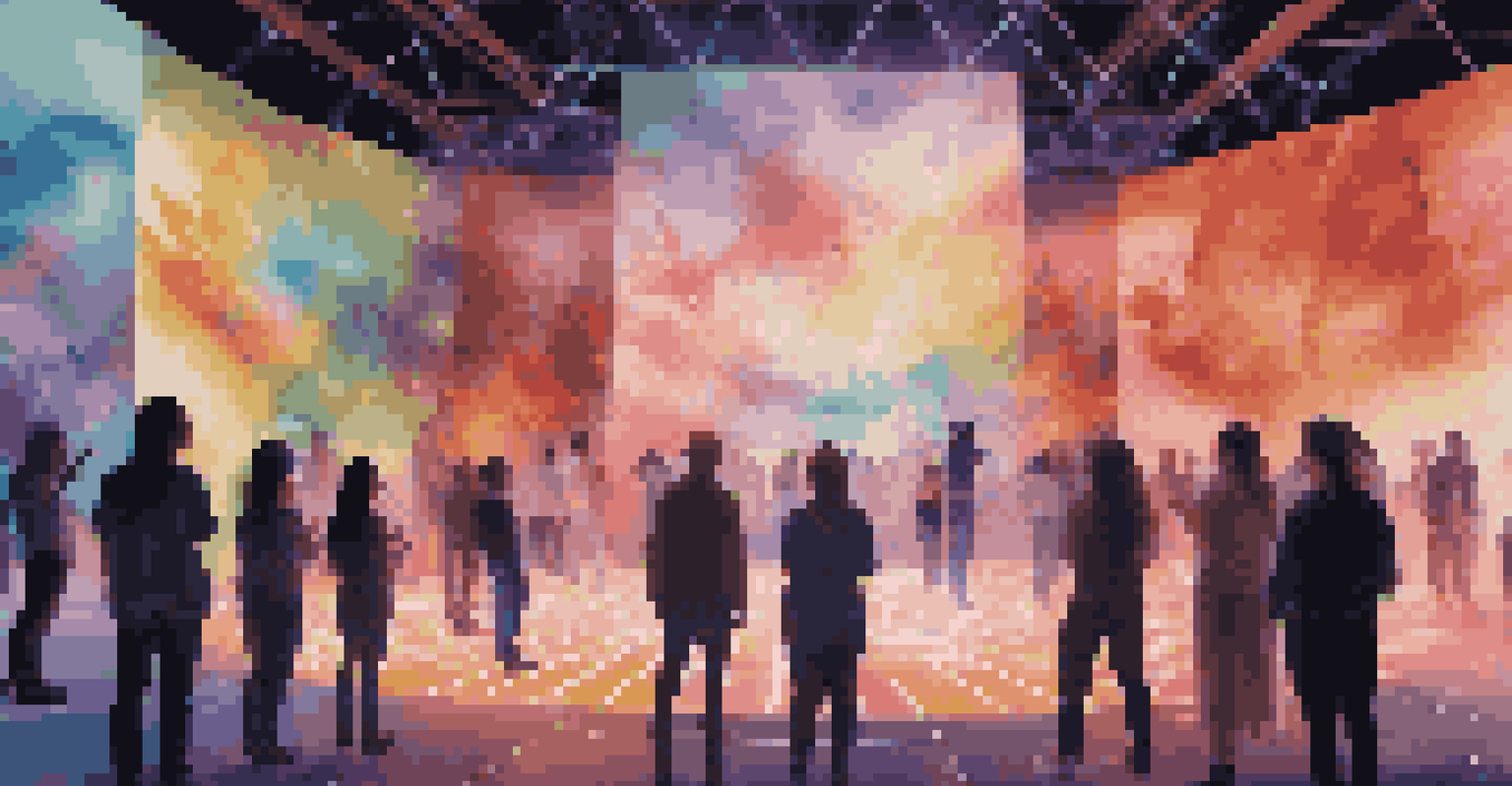 An artist performing in front of screens displaying vibrant visuals, with an engaged audience.
