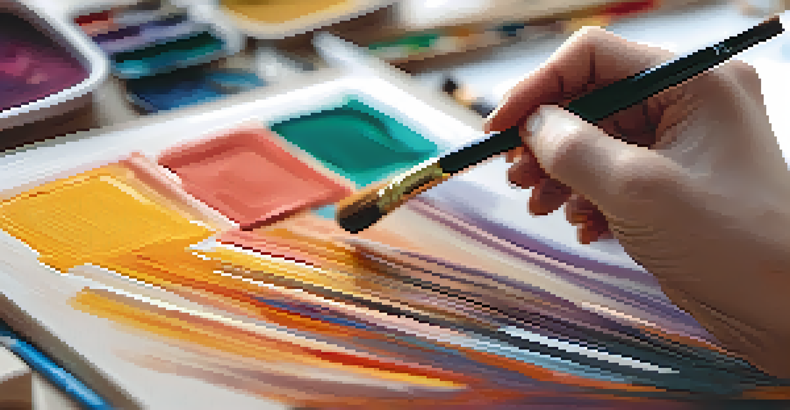 An artist's hand holding a paintbrush over an abstract painting in a bright, cozy studio.