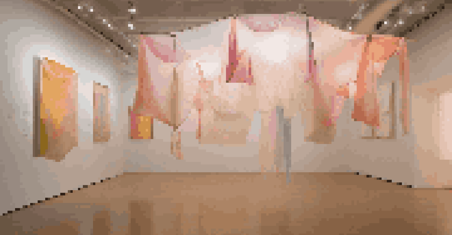 A contemporary art installation exploring gender fluidity with translucent fabrics illuminated in a serene gallery space.