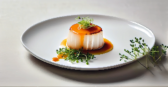 A seared scallop on a white plate with a dot of orange sauce and microgreens, illuminated by soft natural light.