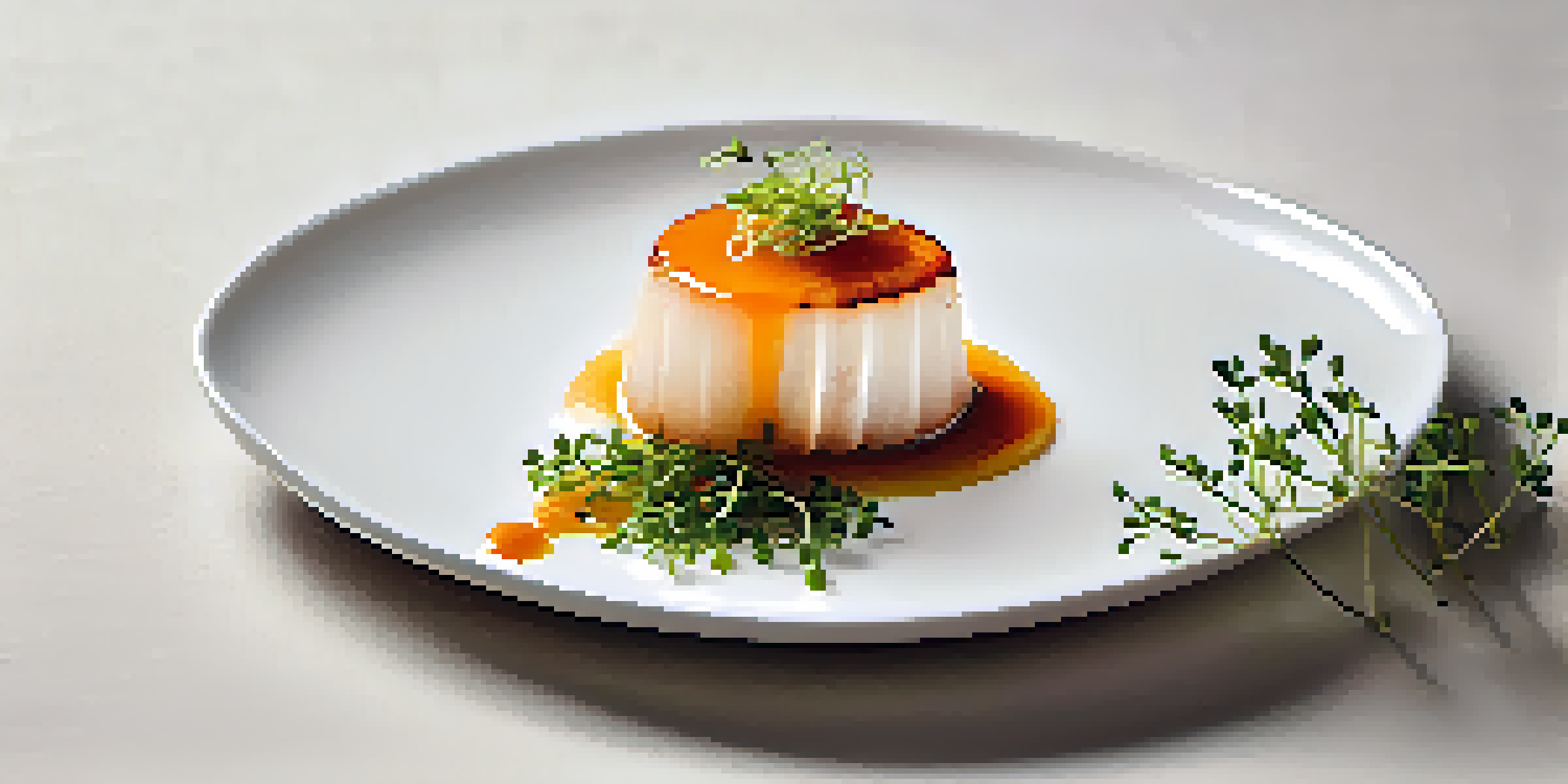 A seared scallop on a white plate with a dot of orange sauce and microgreens, illuminated by soft natural light.