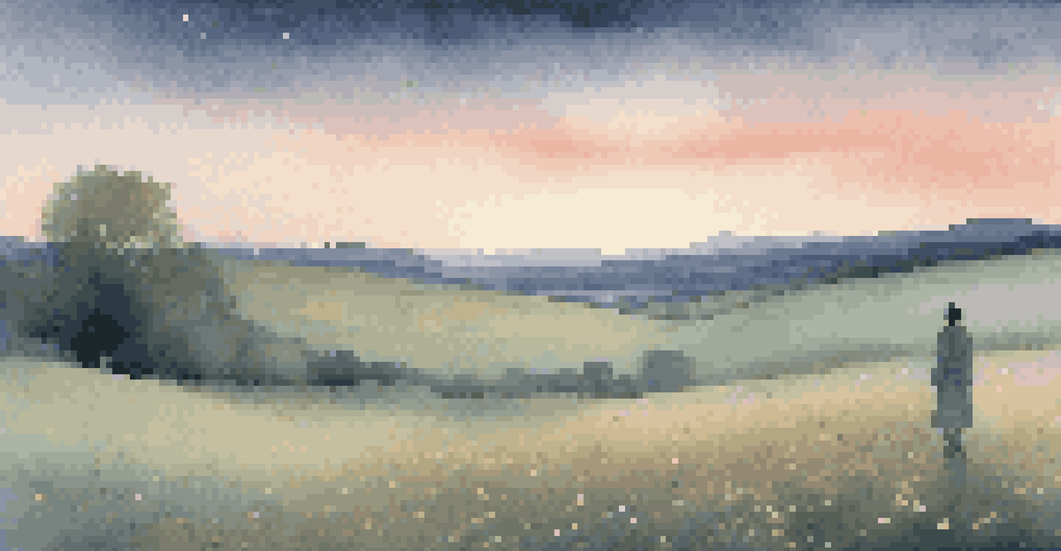 A picturesque virtual reality landscape with a meadow, twilight sky, and a figure standing in solitude, surrounded by glowing flowers.
