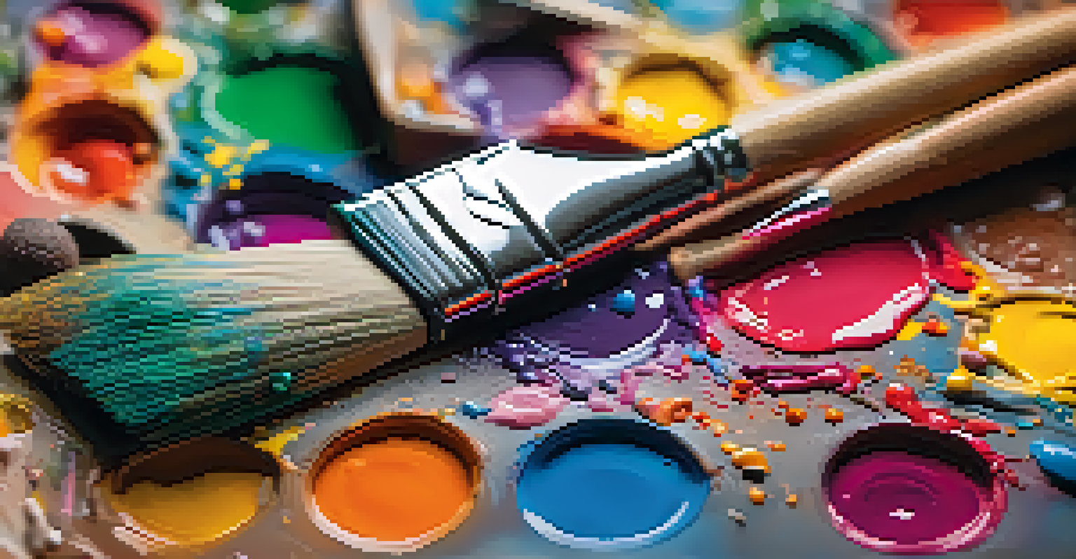 A close-up of a painter's palette with various bright colors and a paintbrush, showcasing the texture and vibrancy of the paint.