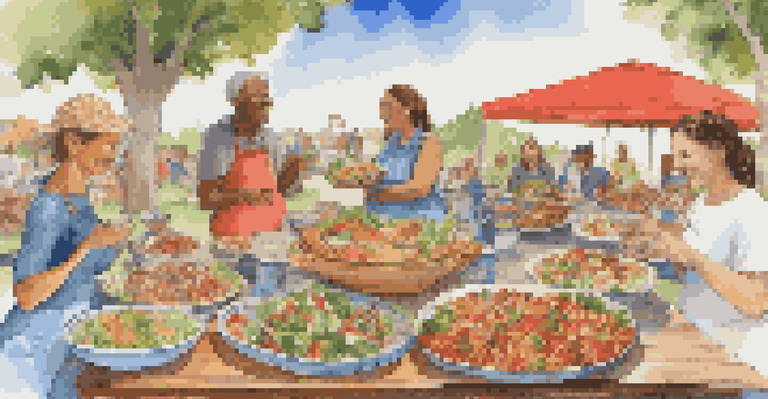 A colorful outdoor potluck with various dishes representing different cultures, set on a picnic table under a bright blue sky.