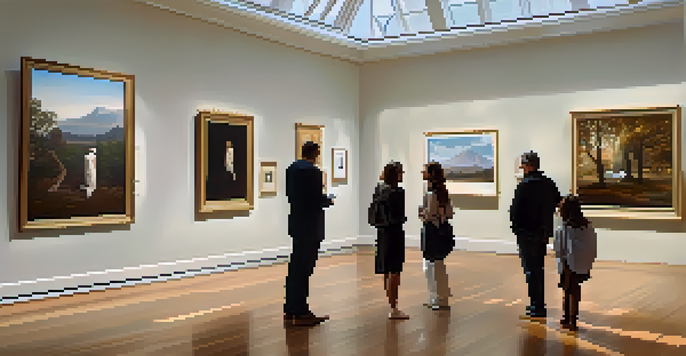 An art gallery with contemporary and classical artworks, visitors discussing art under soft natural light.