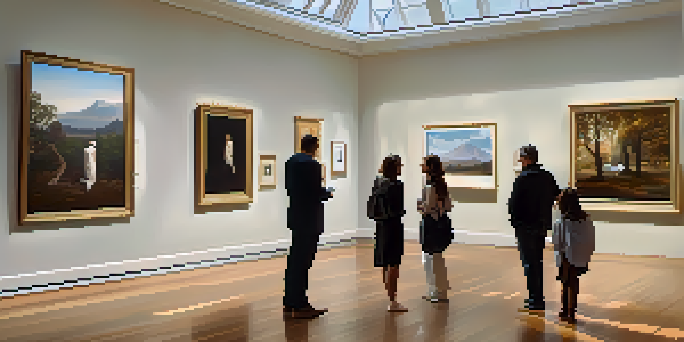 An art gallery with contemporary and classical artworks, visitors discussing art under soft natural light.